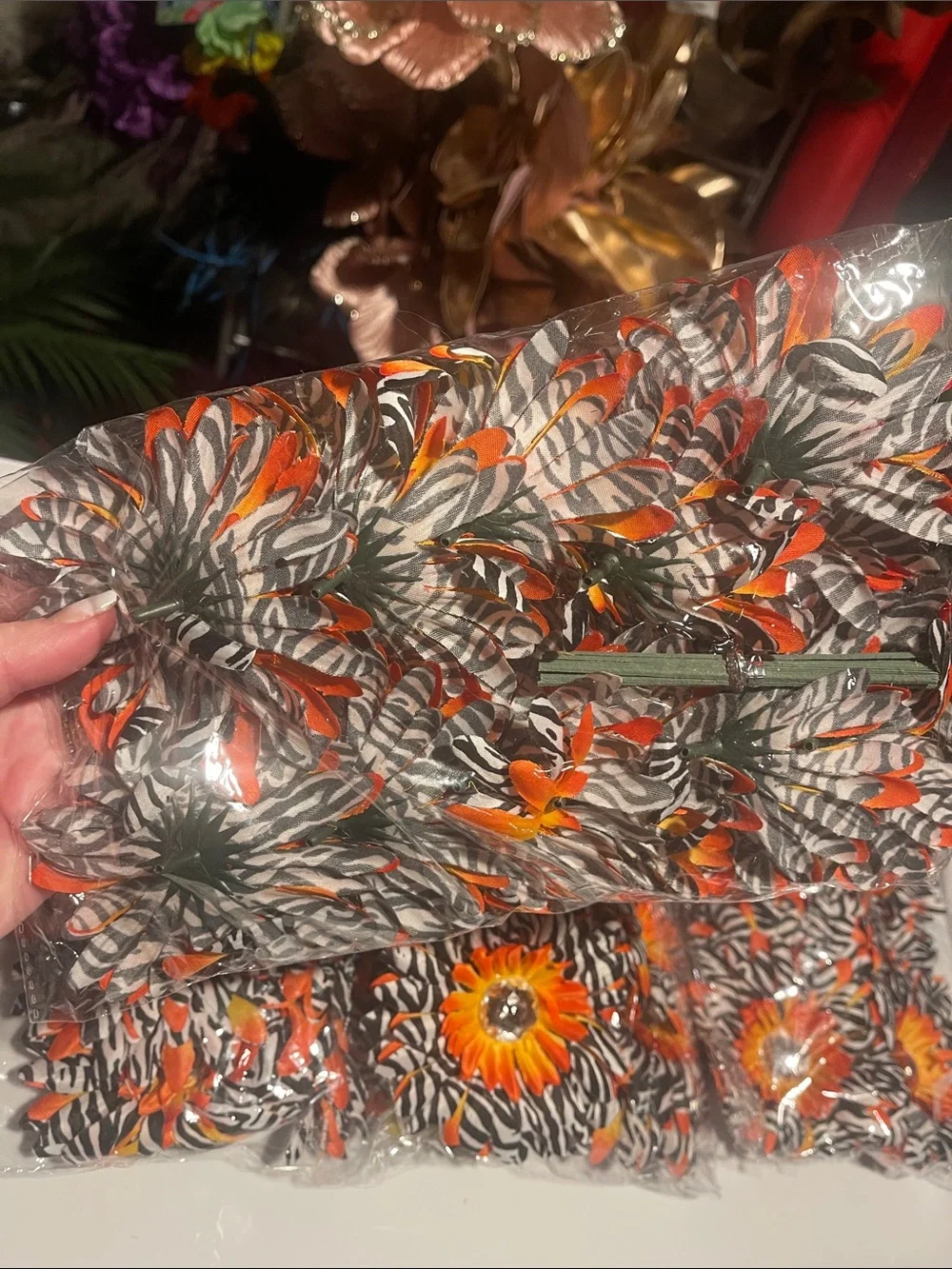 4 dozen Black & White Zebra Sunflower craft flower heads Orange Floral Accent